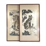 Pair Korean Folk Painting Tiger Hojakdo Framed
