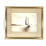 Signed Watercolor Boat in Harbor Framed