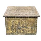 Antique Repousse Brass on Wood Bin