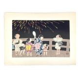 Konobu IV Hasegawa Hanga Woodblock Fireworks