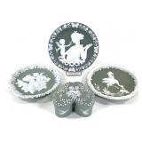 Schafer & Vater Grn Jasperware Plates & Clover Box