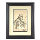 Framed Woman Playing Violin Ink Portrait