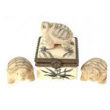 Carved Bone Turtle Snuff Box & Beads