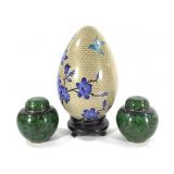 Chinese Cloisonne Ginger Jars & Egg w/ Stand