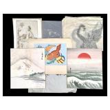 6 Paper Works Asian Watercolors Etching Rubbing +