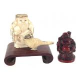Carved Japanese Okimono Laughing Buddha Figures +