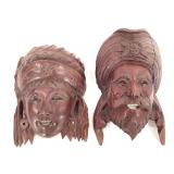 Pr 20th C Asian Carved Rosewood Wall Masks