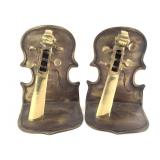 Solid Brass Violin Bookends Pair Vtg Mid 20thC
