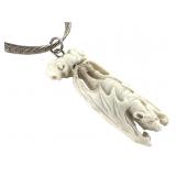 Carved Estate Ivory Bat Pendant w Silver Chain