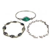 3 Sterling Bracelets Malachite Inlay Dolphin