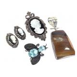 Sterling Agate Pendant, Cameo Set & Insect Brooch