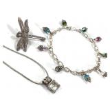 Sterling Dragonfly Pin Necklace Bracelet 30.8g TW