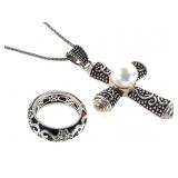 Sterling Pearl Cross w 24" Necklace Ring 18.0g TW