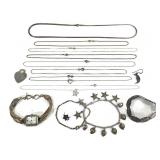 Sterling Watch, Chains, Charm Bracelets + 85g TW