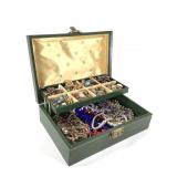Vtg Green Jewelry Box Filled w/ Costume Jewelry