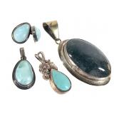 Sterling Blue Stone Inlaid Pendants & Earrings 44g