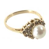 14K Pearl Diamond Ring 2g TW Sz 6 1/2 7mm