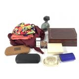 Vtg Silk Scarves, Perfumes, Glasses, Cuff Links +