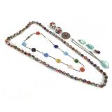 Millefiori Beaded Necklaces, Mosiac Brooch +