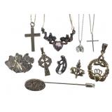 Sterling Chain Necklaces, Pendants, Brooch 35g TW