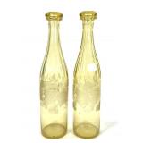 Amber Etched Vaseline Glass Bottles 2pc