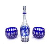 Bohemian Cobalt Blue Cut to Clear Decanter & Bowls