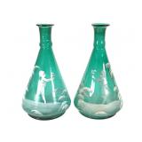 Mary Gregory Green Glass Vases 2pc
