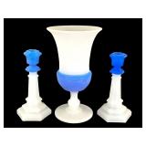 Sandwich Glass Candlesticks & Urn 3pc