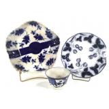 3 19thC Earthenware Flow Blue Dishes