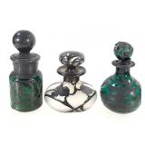 3 Early Glass Lotions / Perfumes w Silver Overlay