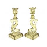 Sandwich Glass Yellow Dolphin Candlesticks 2pc