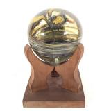 Hand Blown Art Glass Ball on Wood Stand