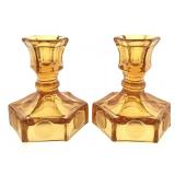 Pr Fostoria Amber Coin Glass Candlesticks