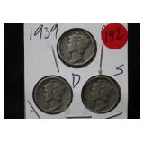 1939 P,D,S, Mercury Silver Dimes