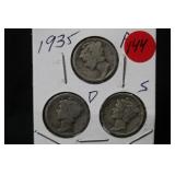 1935 P,D,S, Mercury Silver Dime