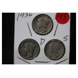 1936 P,D,S, Mercury Silver Dime