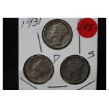 1931 P,D,S, Mercury Silver Dime