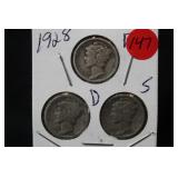 1928 P,D,S, Mercury Silver Dime