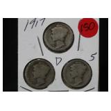 1917 P,D,S, Mercury Silver Dime