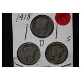 1918 P,D,S, Mercury Silver Dimes