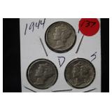 1944 P,D,S, Mercury Silver Dollar