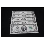 Set of 5 $2 Consecutive Serial Number Bank Notes