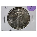 1945-D UNC Walking Liberty Silver Half Dollar