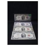 Lot of 4 $2 Red Seal Bank Notes