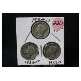 Set of 3 Mercury Silver Dimes