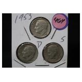 Lot of 3 Silver Dimes P,D,S,