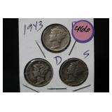 Lot of 3 Silver Dimes P,D,S,