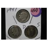 Lot of 3 Silver Dimes P,D,S,