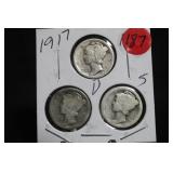 1917 P,D,S Mercury Silver Dimes