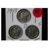 1943 P,D,S Silver Mercury Dimes